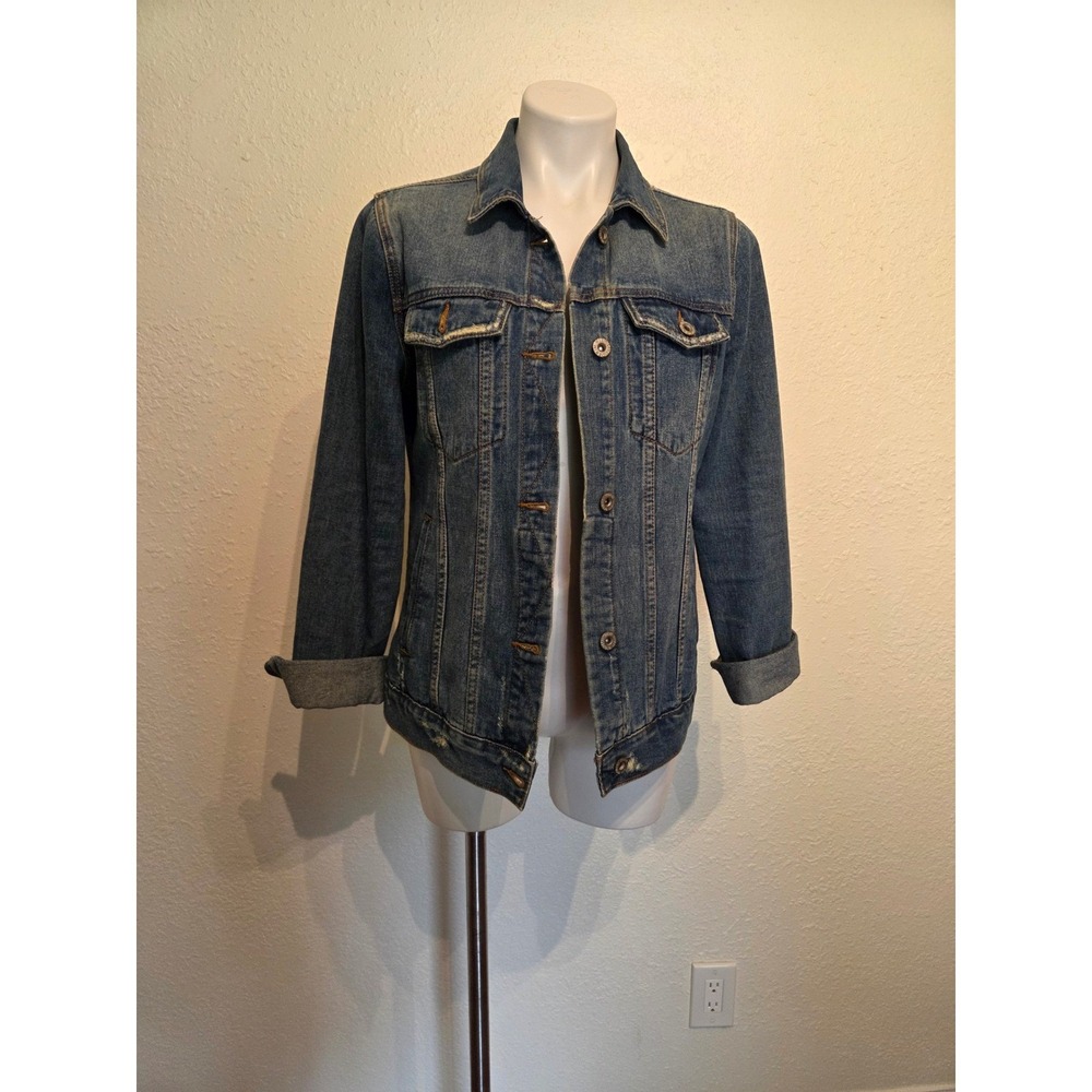 Anna Grace Womens Denim Trucker Jacket Medium Wash Distressed 100% Cotton Large